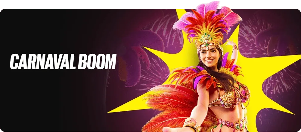 Arte do Carnaval Boom no site oficial, arquivo de 22/02/2026 Banner «Carnaval Boom» com passista, arte do site oficial