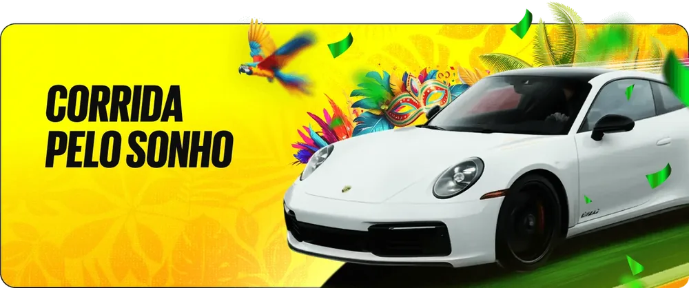 Arte promocional do site oficial, arquivo de 22/02/2026 Banner «Corrida pelo Sonho» com carro esportivo branco, arte do site oficial