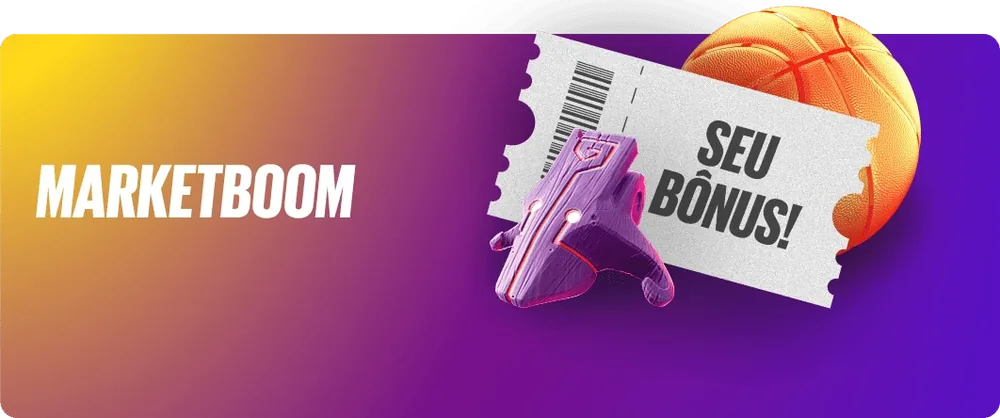Arte do MarketBoom no site oficial, arquivo de 22/02/2026 Banner «MarketBoom» com cupom «Seu bônus!», arte do site oficial
