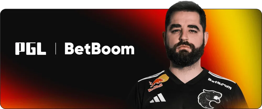 Arte da parceria com a PGL no site oficial, arquivo de 22/02/2026 Banner da parceria «BetBoom X PGL» com jogador de esports, arte do site oficial