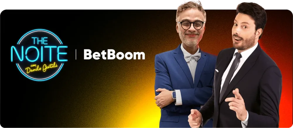 Arte «The Noite» do site oficial, arquivo de 22/02/2026 Banner com dois apresentadores e o logotipo «The Noite» ao lado da marca BetBoom