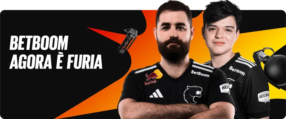 Arte «BetBoom agora è FURIA» do site oficial, arquivo de 22/02/2026 Dois jogadores com a camisa da FURIA, com o logotipo da BetBoom, ao lado do texto «BetBoom agora è FURIA»