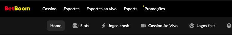 Menu de categorias do cassino no site oficial, arquivo de 10/08/2025 Menu principal do site oficial com o submenu do cassino: Home, Slots, Jogos crash, Cassino Ao Vivo e Jogos fast